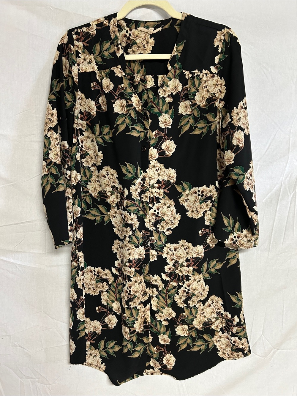 Floral Button-Front Black Dress with Cream Roses